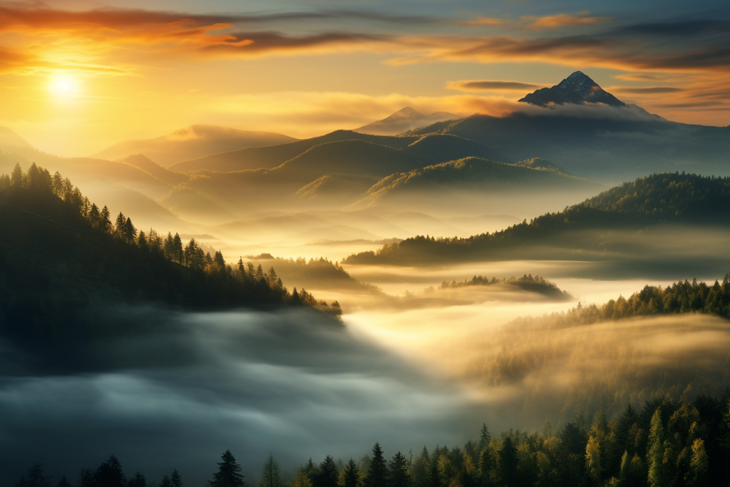 Sunset Cloudy Forest Landscape